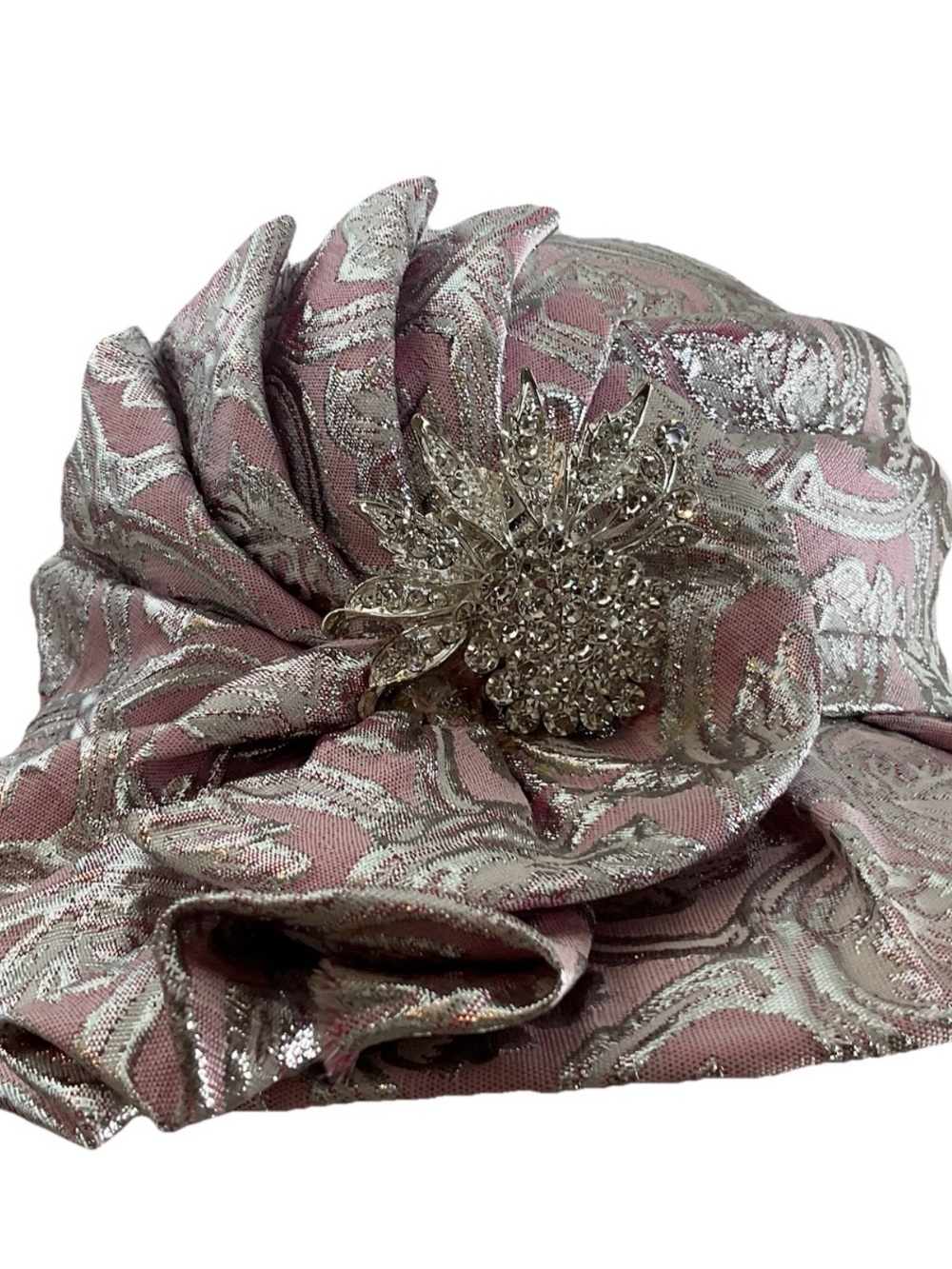 Mr Hi’s Classic Pink w/ Silver Metallic Hat w/Brooch ~Floral ~Church Hat - Picture 6 of 13
